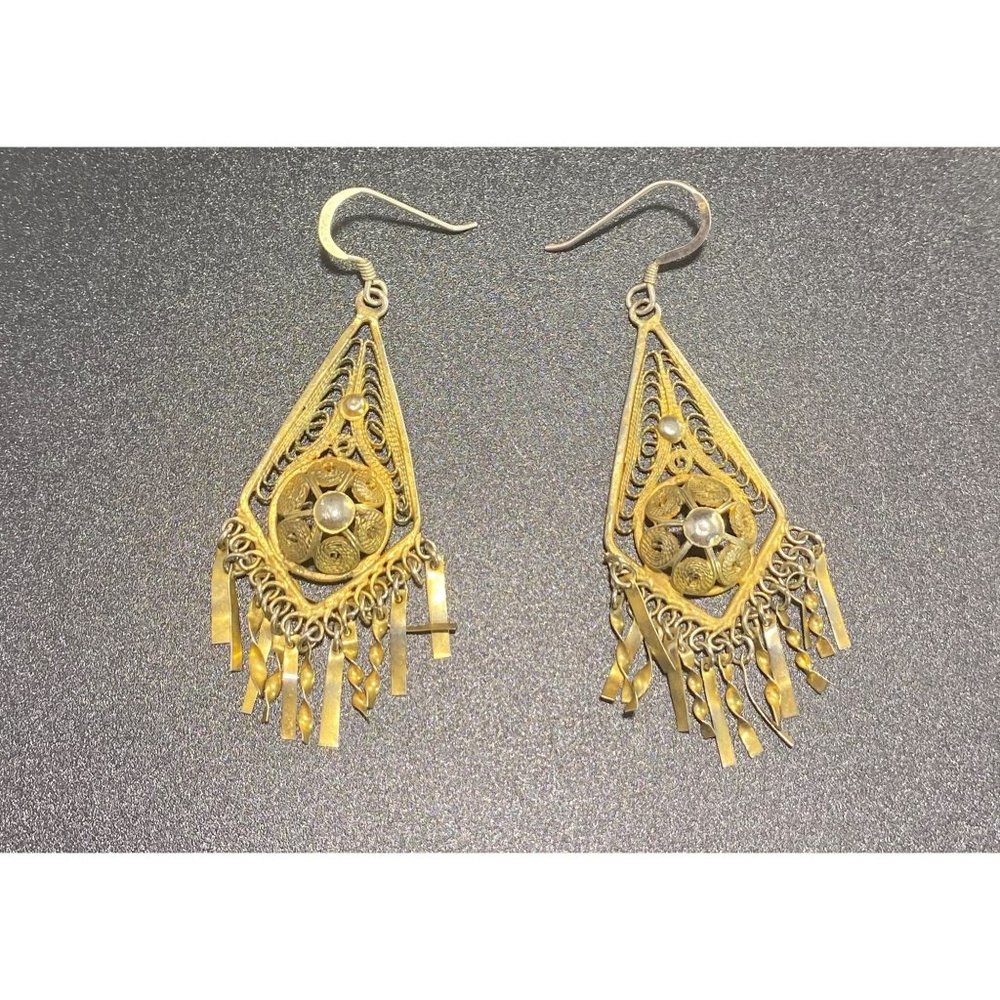 Vintage Victorian Filigree Dangle Earrings Vermeil Tone 925 Hooks - Picture 2 of 7